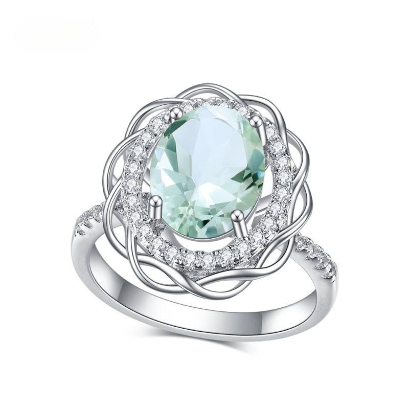 s925Sterling Silver Natural Green Amethyst Ring Design Sense Fashionable Elegant Luxurious Cluster Inlaid Natural Gemstone Ring