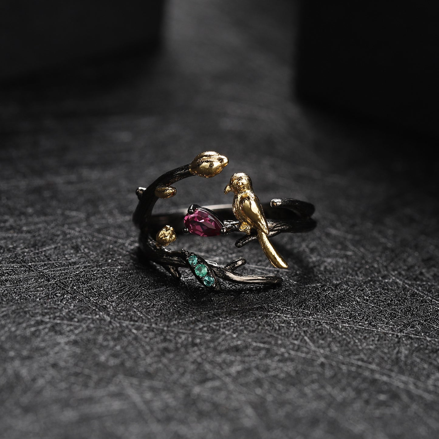 Italian Craft Designer Vintage Style Ring Natural Style Bird Design s925Silver Natural Rose Pomegranate Ring