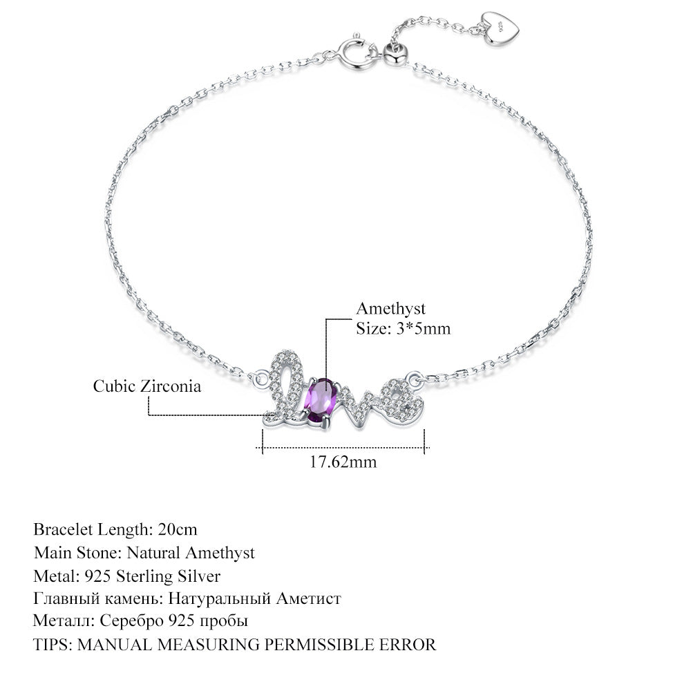 Light Luxury Natural Amethyst Bracelet for Women Style Princess Temperament s925Sterling Silver LOVE Letter bracelet