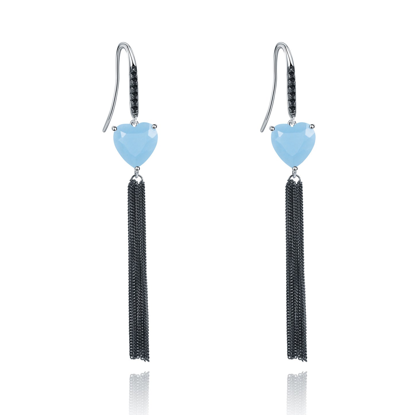 Designer Natural Gemstone Heart Tassel Earrings Sophisticated Design s925Silver and Black Onyx Earrings