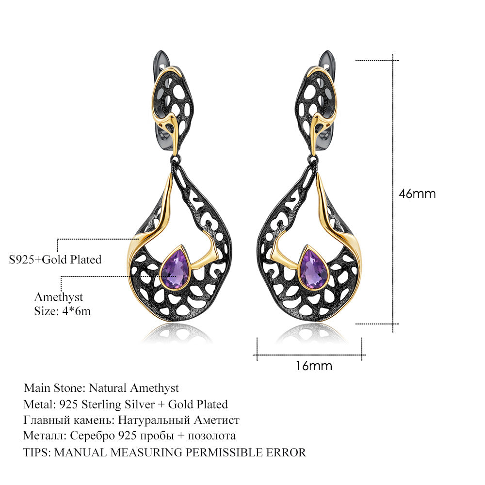 Italian Craft Designer Gemstone Earrings Retro High-End Sense925Silver Natural Amethyst Earrings Drop Earrings
