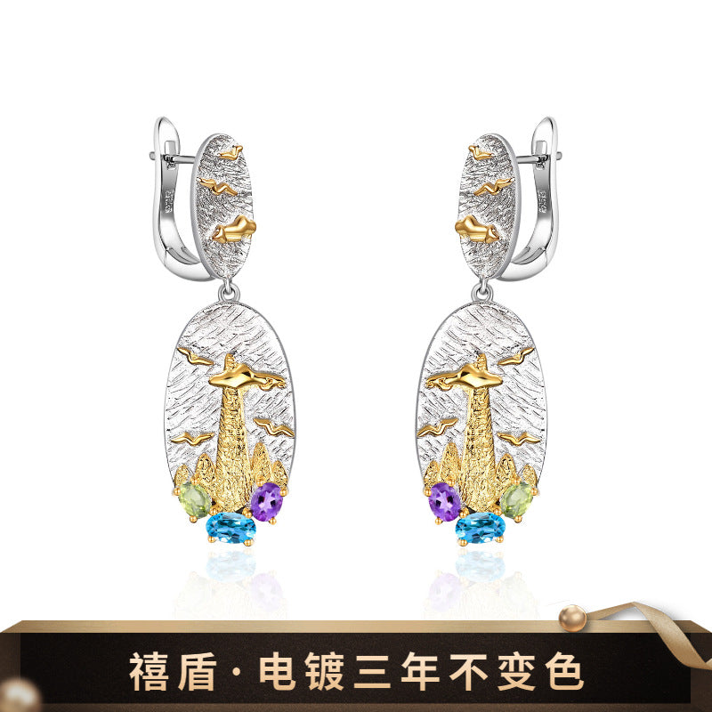Italian Craft Jewelry Retro Style Original Designer Earrings s925Silver Natural Gemstone Earrings