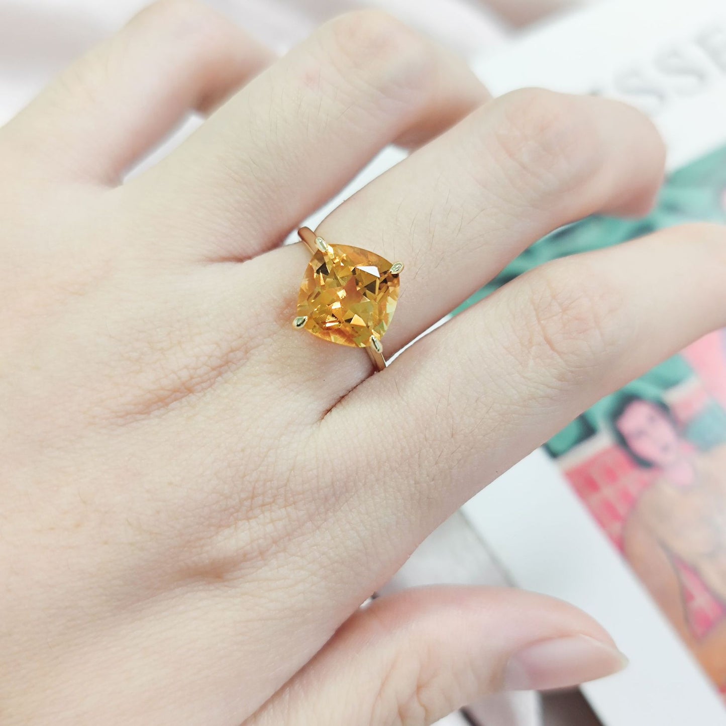 Casual Style s925Sterling Silver Ring Inlaid with Natural Topaz and Citrine Sugar Cube Ring4Carat Gemstone Ring