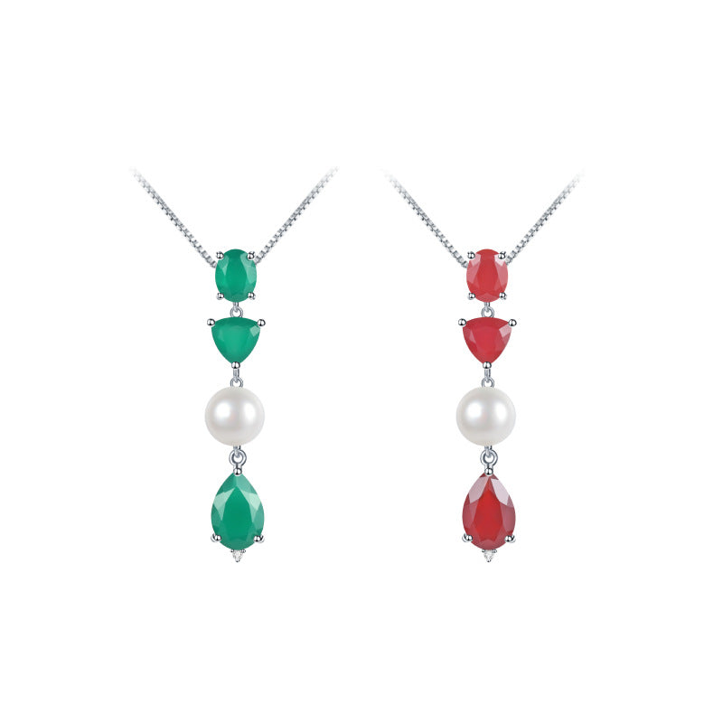 Luxurious and Unique Jewelry Natural Pearl Pendant Advanced Sense s925Silver Color Gemstone Green Agate Necklace Pendant