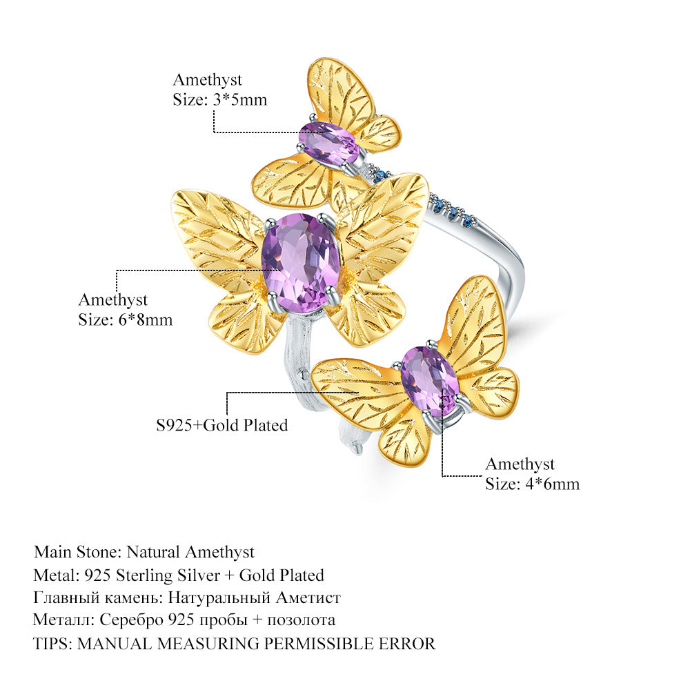Designer High-End Gemstone Ring Natural Style Butterfly Design925Silver Natural Amethyst Open Ring
