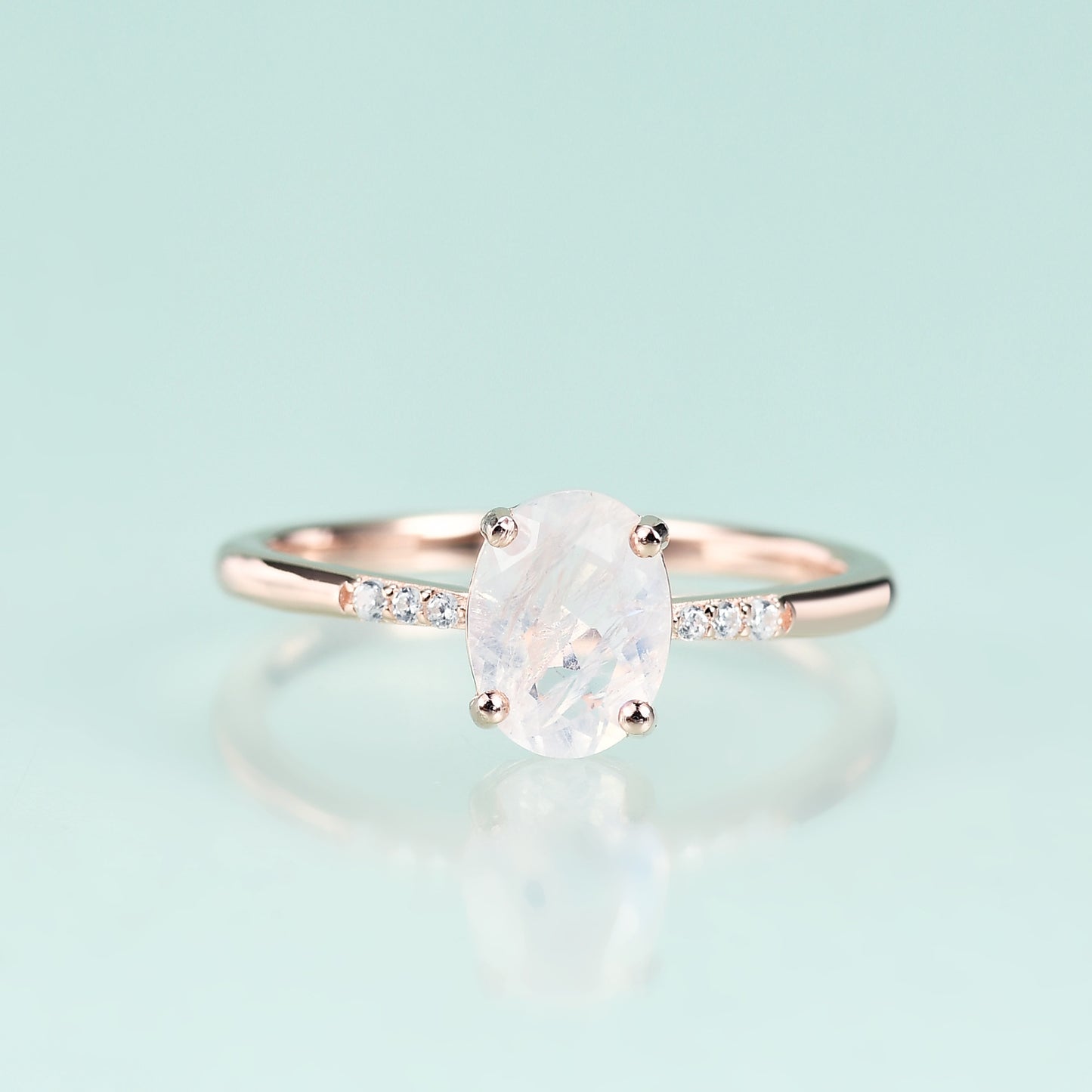 Affordable luxury fashion S925Sterling Silver Inlaid Natural Moonstone Ring Elegant and Simple Gemstone Rose Gold Ring