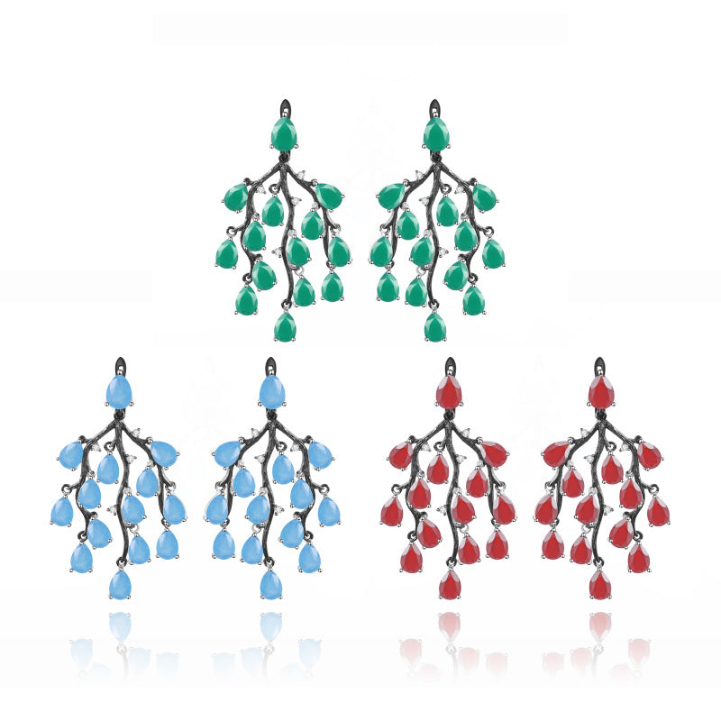 Designer High-End Green Agate Earrings Natural Willow Design s925Sterling Silver Natural Gemstone Earrings
