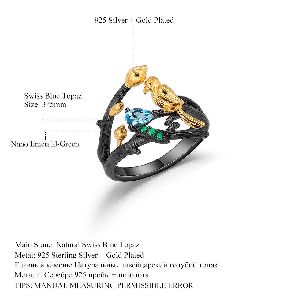 Italian Craft Designer Vintage Style Ring Natural Style Bird Design s925Silver Natural Rose Pomegranate Ring