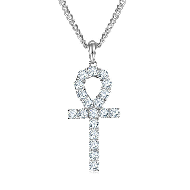 Key Cross Pendant s925Sterling Silver Inlaid4mm Moissanite Necklace Hip Hop Full Diamond Clavicle Chain