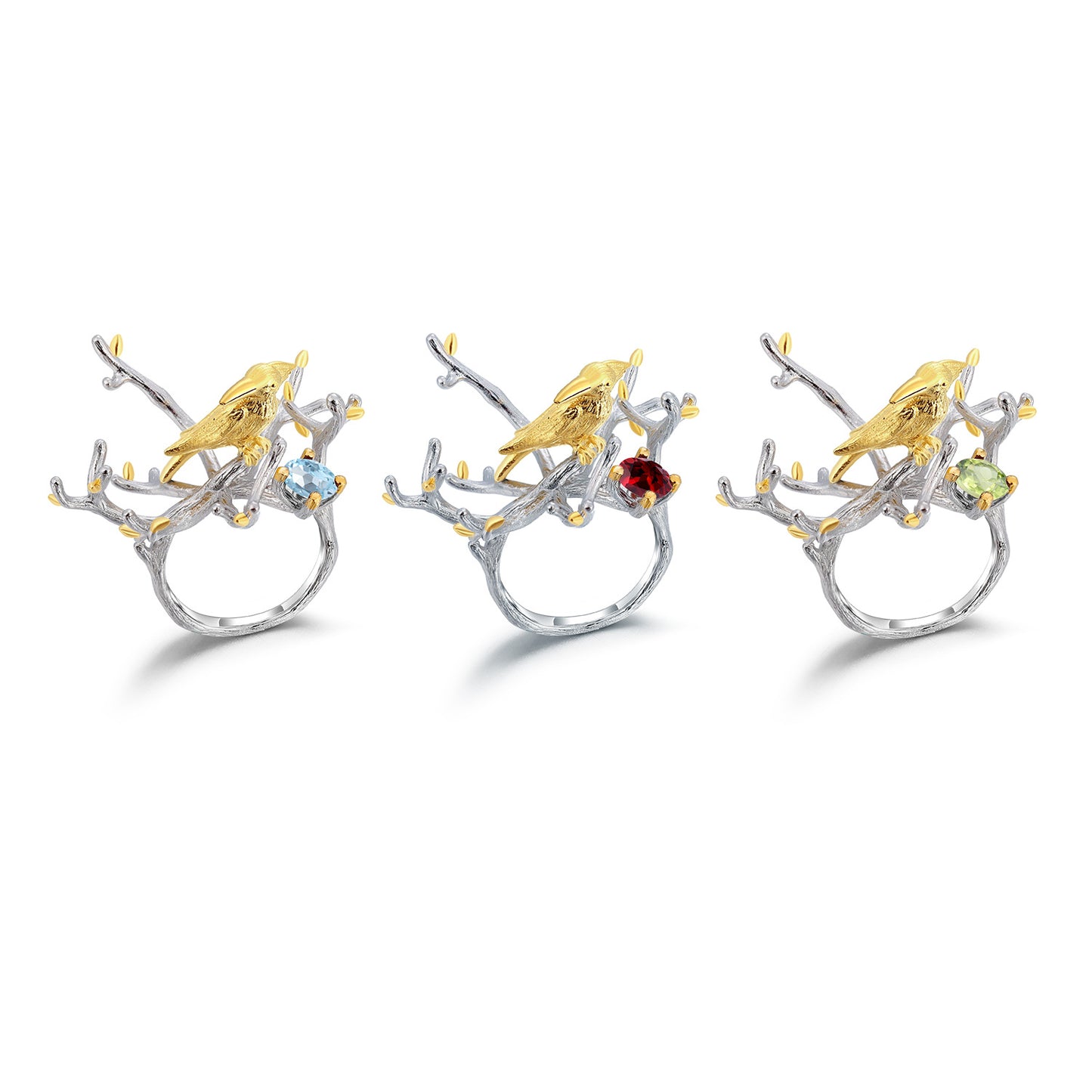 Designer Natural Peridot Ring Natural Style Tree Branch Bird Design s925Silver Inlaid Gemstone Ring