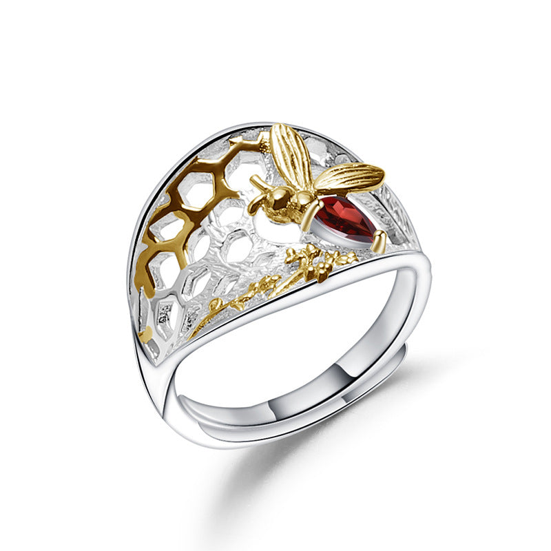 Designer Style Natural Wind Adjustable Open Ring Beehive Design s925Silver natural gemstone ring