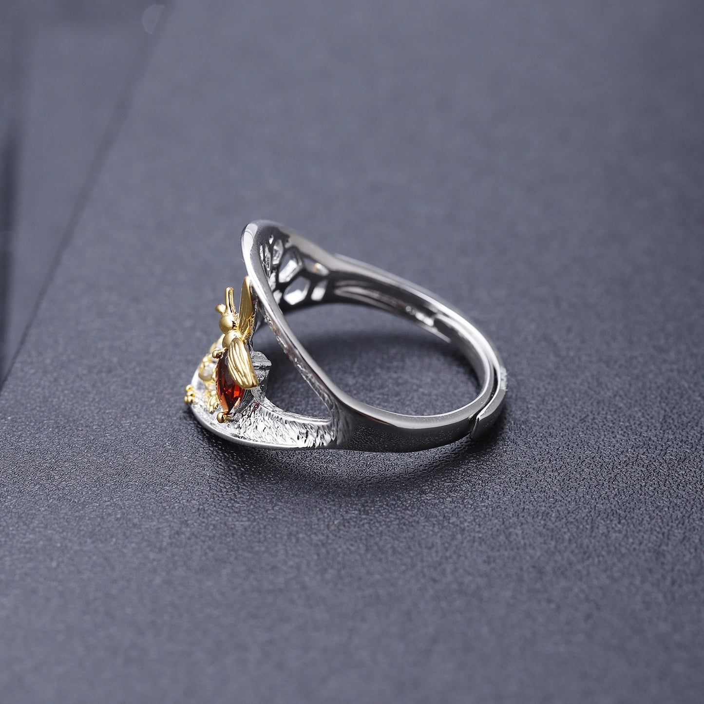 Designer Style Natural Wind Adjustable Open Ring Beehive Design s925Silver natural gemstone ring