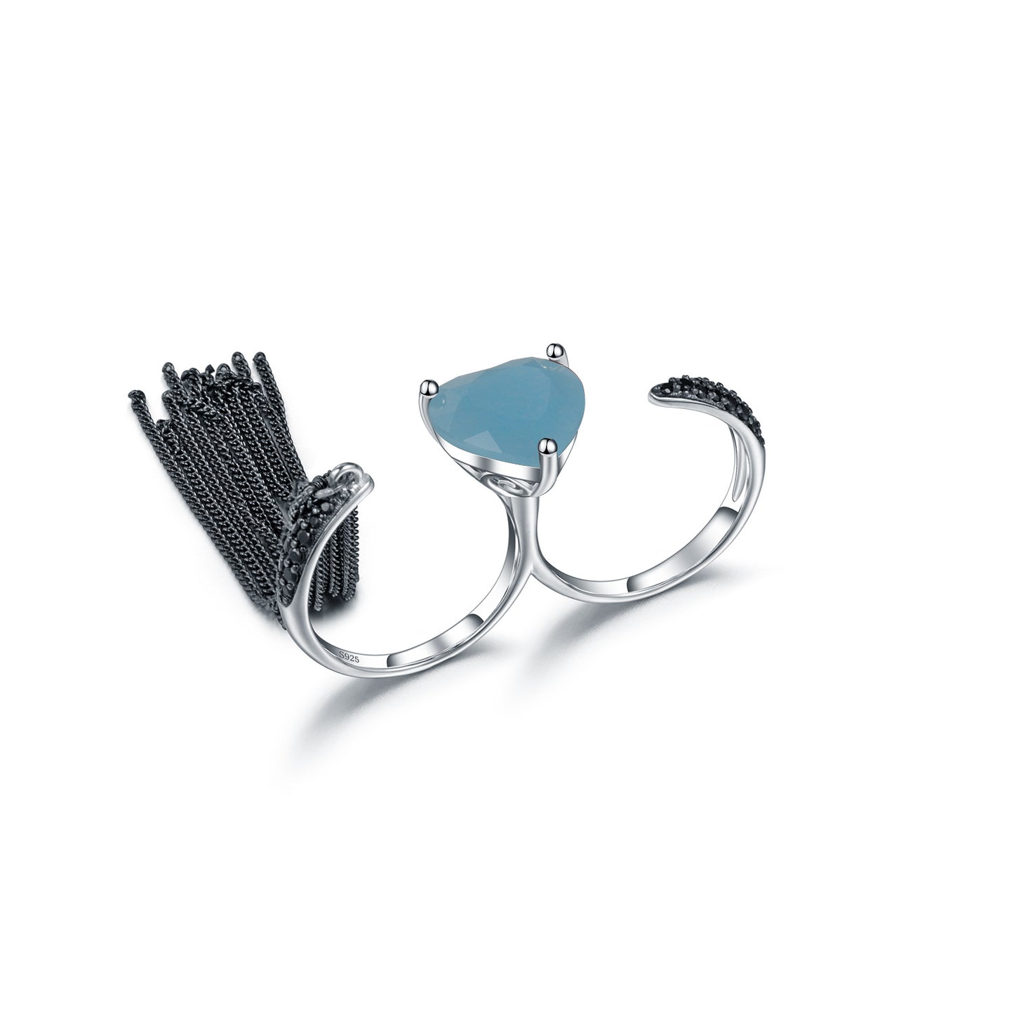 Designer Natural Heart Gemstone Ring with Tassel Design Unique and High-end Design925Silver and Black Onyx Ring