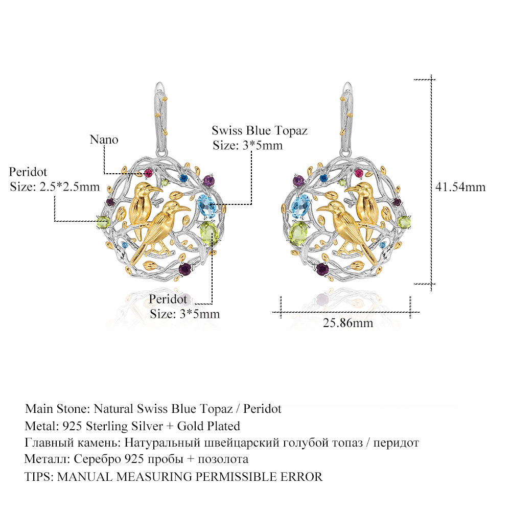 Designer Style High-End Personality Earrings Natural Style Little Bird Design925Silver Natural Gemstone Earrings