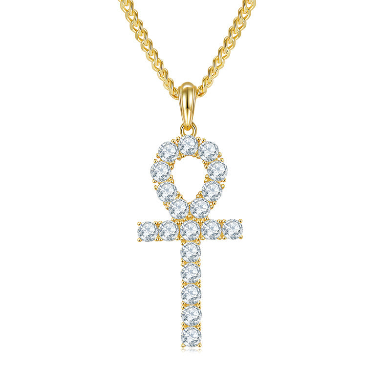 Key Cross Pendant s925Sterling Silver Inlaid4mm Moissanite Necklace Hip Hop Full Diamond Clavicle Chain