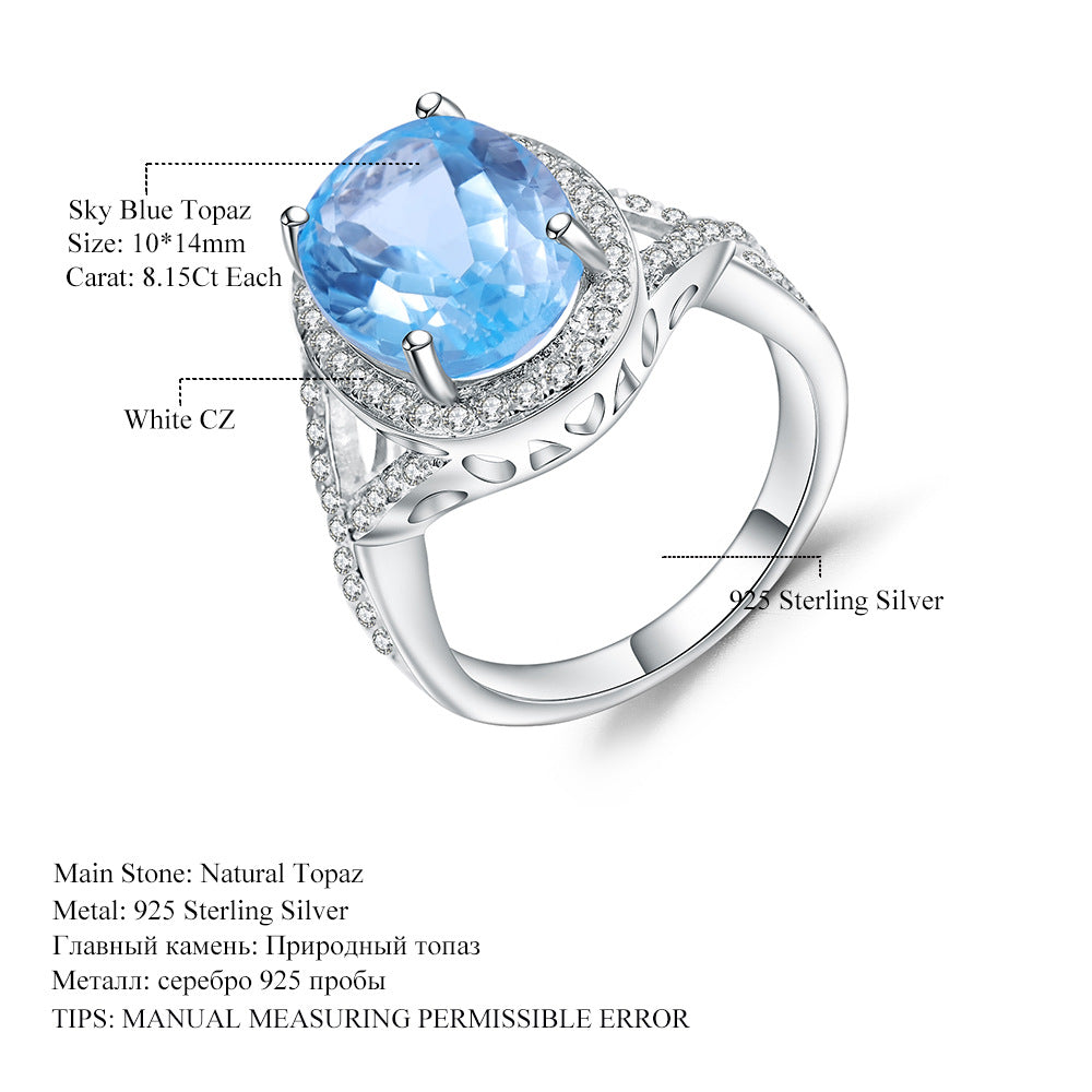 s925Silver Natural Topaz Ring for Women Luxurious Inlay10*14mm Large Size Gemstone Natural Color Ring