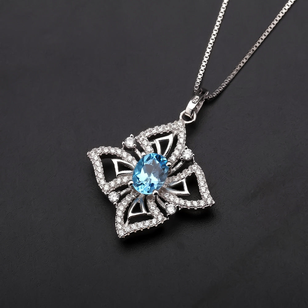 Design Light Luxury Jewelry Topaz Inlaid Sterling Silver Necklace Niche Design Petals Natural Colored Gems Pendant