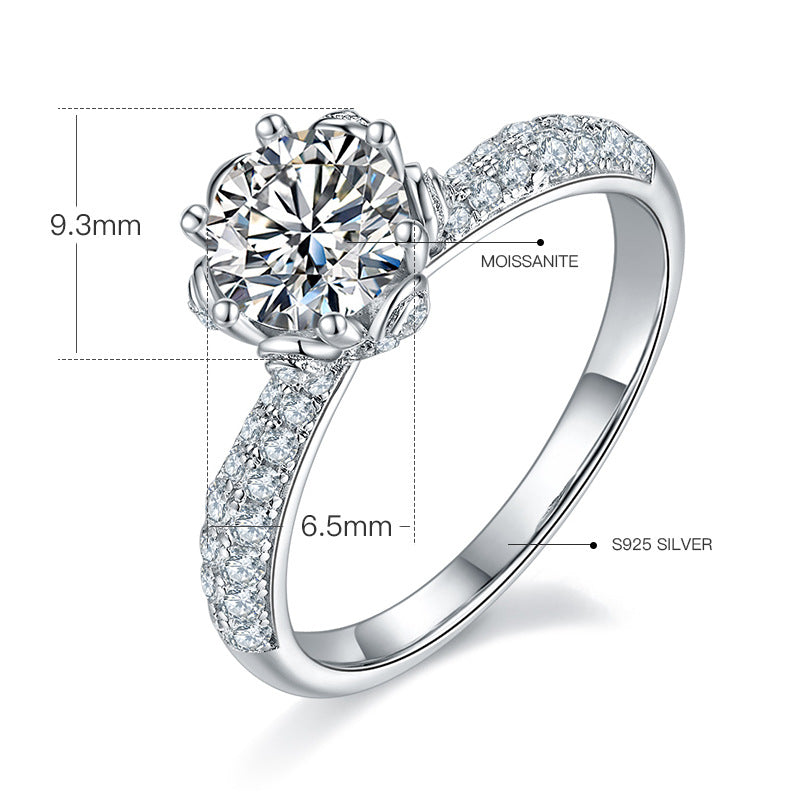 New Straight Arm Luxurious Inlaid Flower God Moissanite Ring for Women Fashion s925Silver Six Claw Inlay1Carat Moissanite Ring