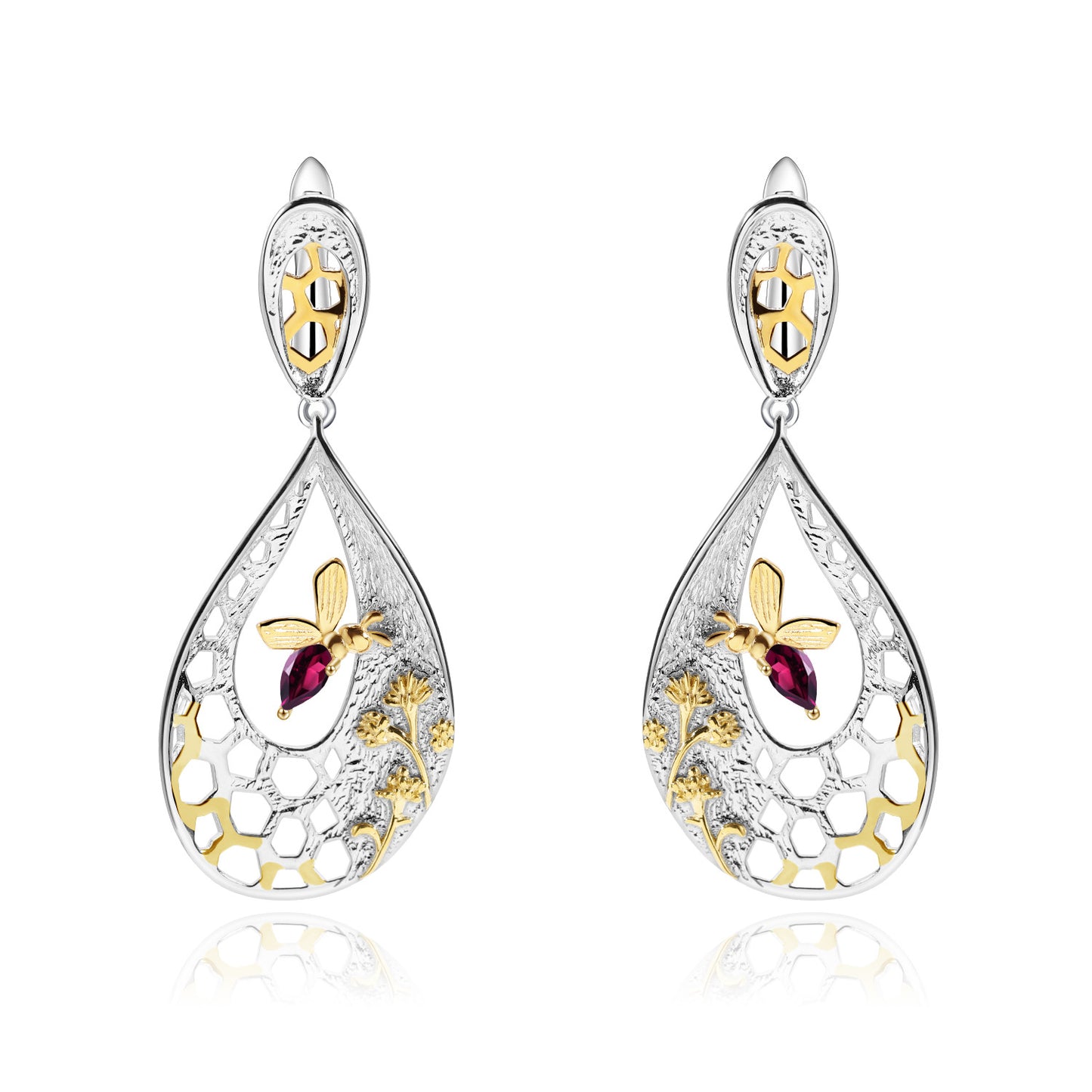 Designer Natural Style Garnet Earrings Beehive Design s925Silver Natural Gemstone Earrings Studs Drop Earrings