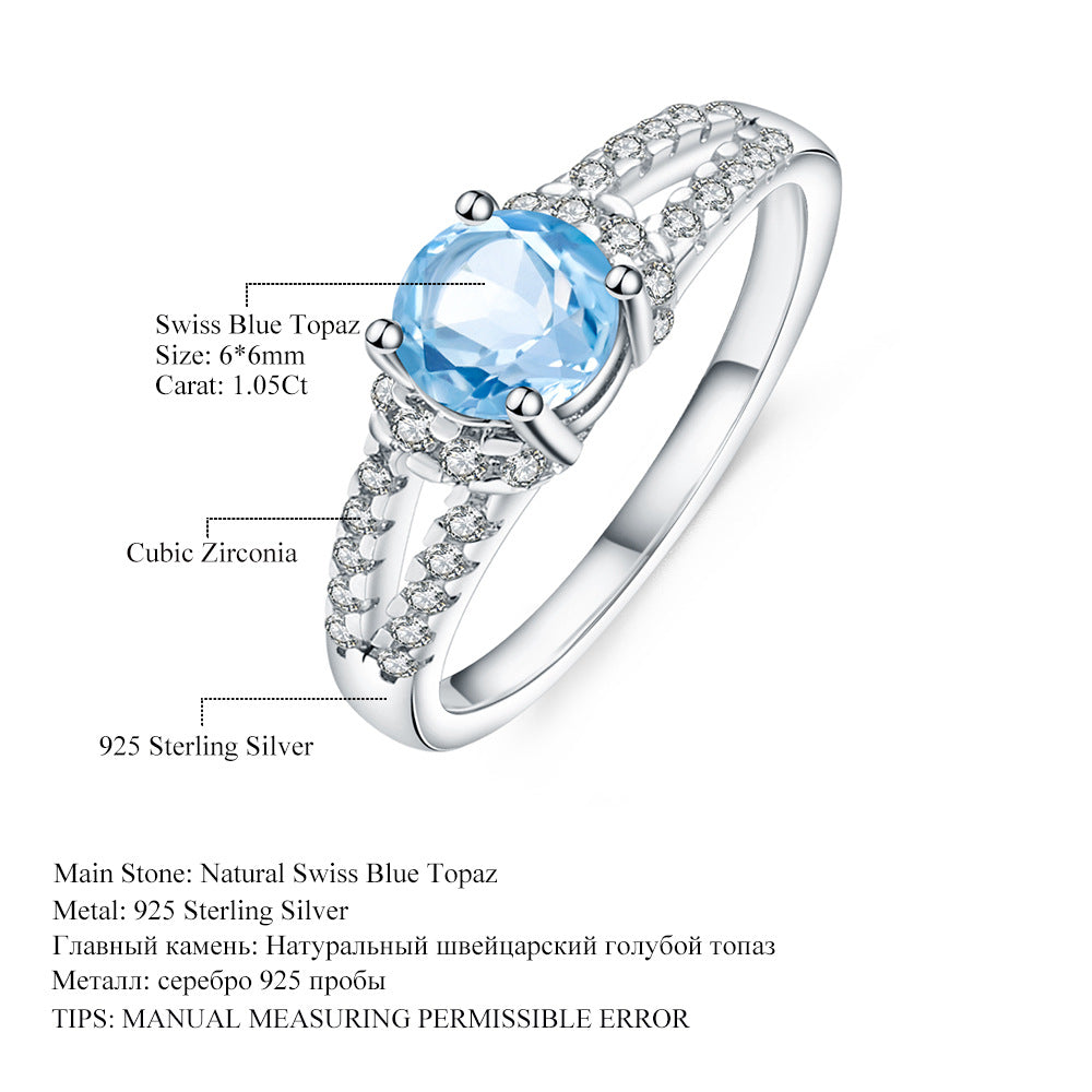 Fashionable Light Luxury Natural Topaz Sapphire Ring for Women Classic Simple s925Sterling Silver Inlaid Natural Gemstone Ring
