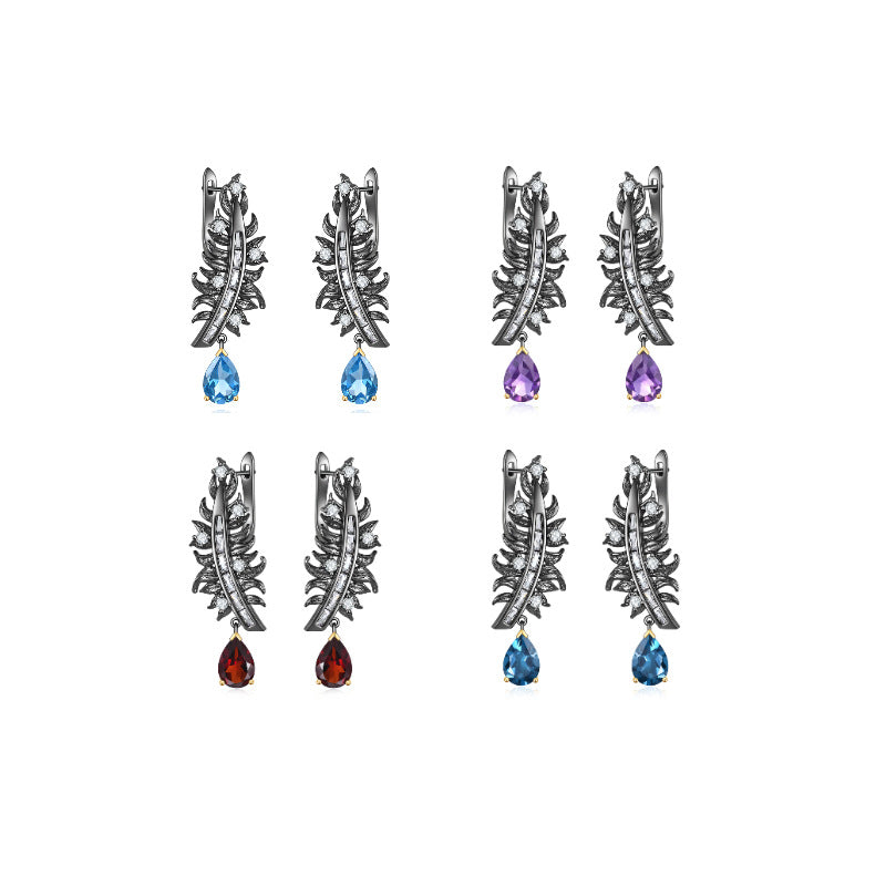 Italian Craft Handmade Designer Feather Natural Gemstone s925Silver Inlaid Garnet Stud Earrings