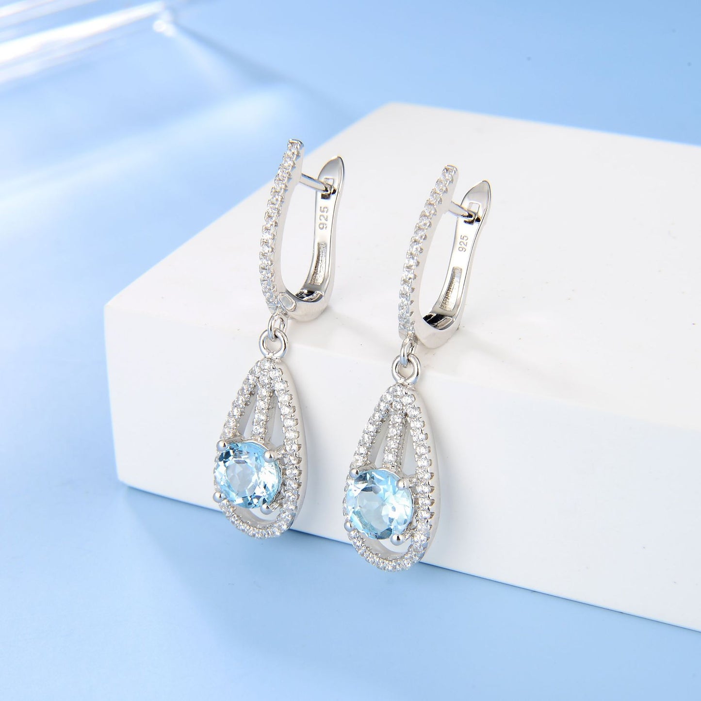 Fashionable Topaz Earrings with British Clasp s925Sterling Silver Inlaid Gemstone Earrings for Women New Style