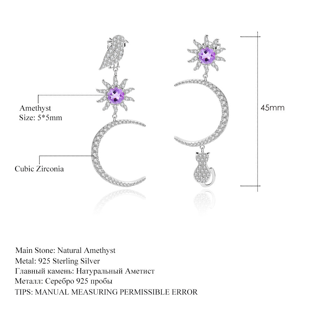 French Romantic Light Luxury Style Designer Earrings s925Silver Inlaid Gemstone Natural Amethyst Stud Earrings