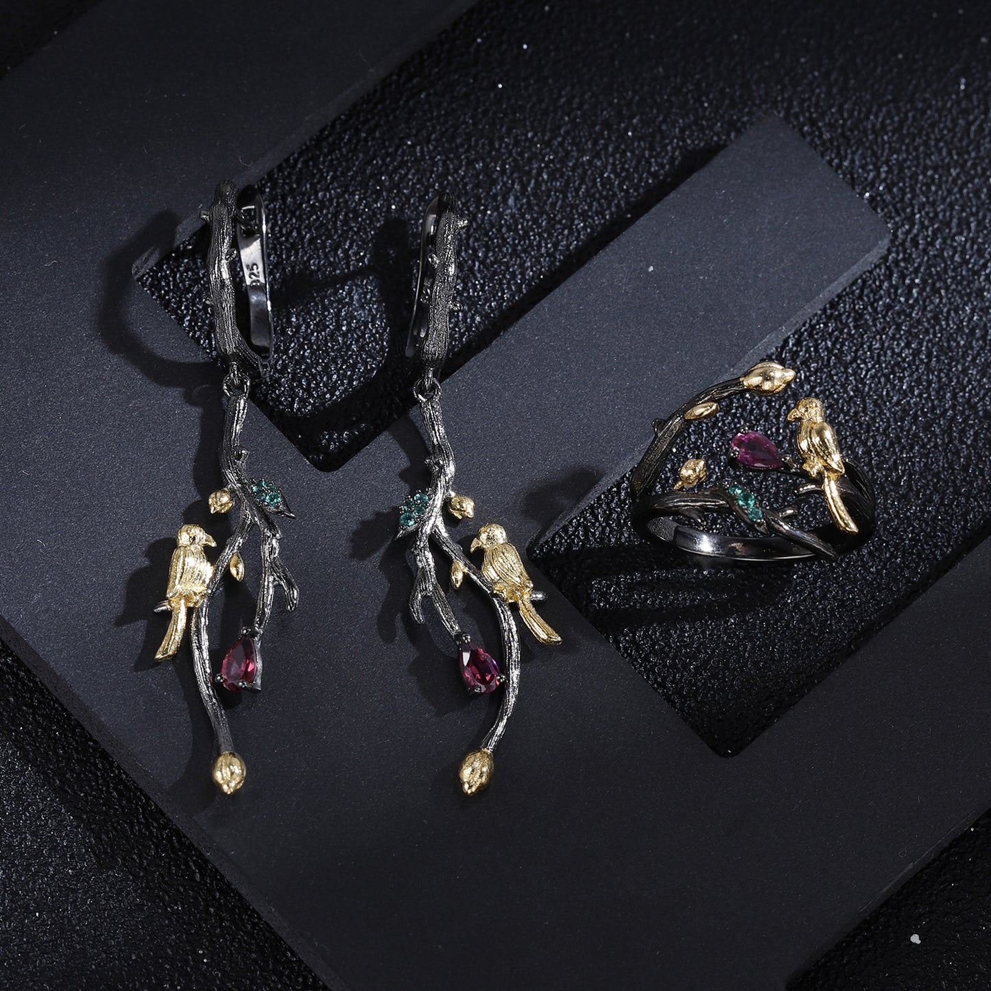 Italian Craft Designer Earrings Natural Style Little Bird Design925Silver Natural Rose Garnet Earrings