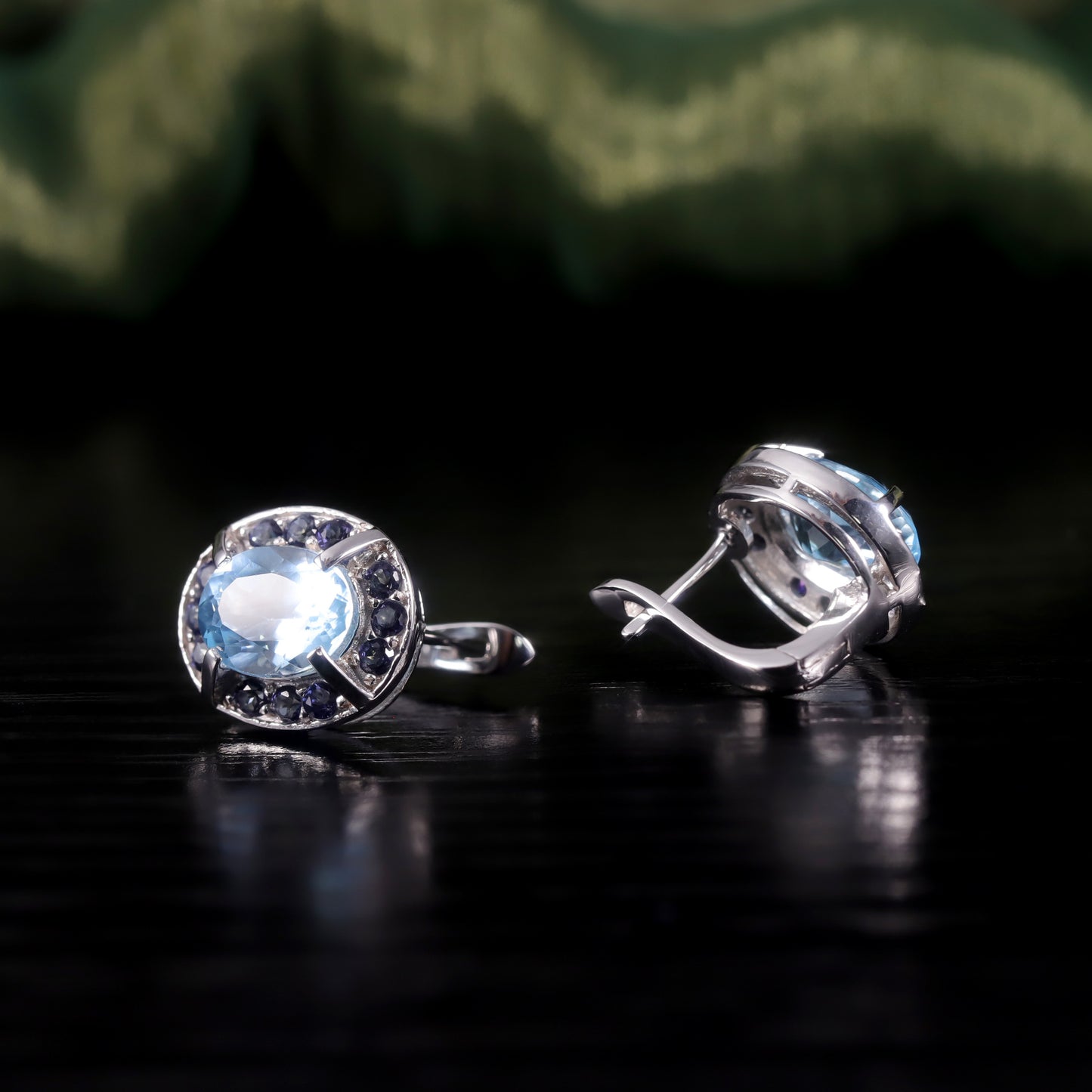 Unique Oval Earrings s925Sterling Silver Inlaid Natural Topaz Sky Blue Earrings Studs