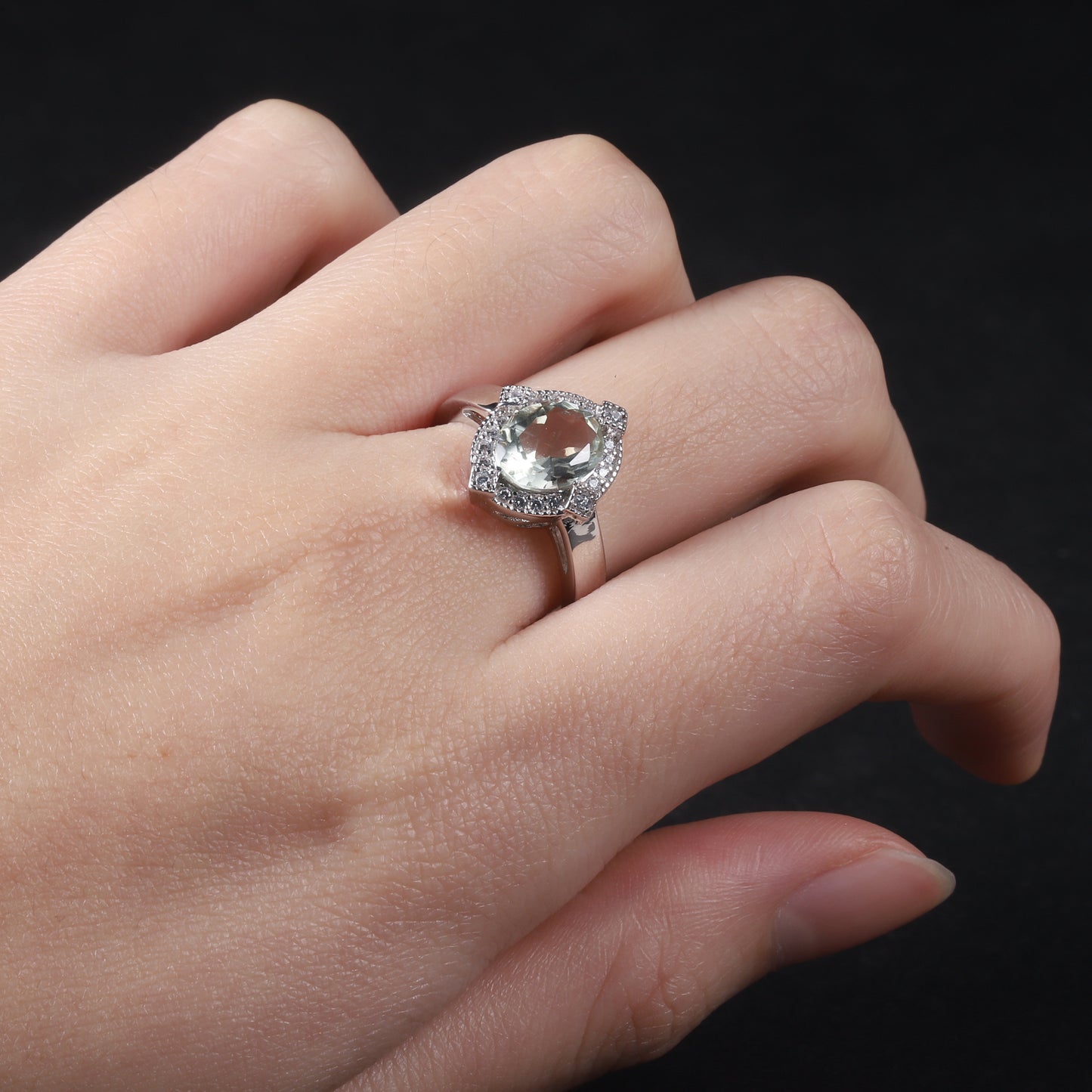 s925Silver Natural Green Amethyst Ring Adjustable Opening Fashionable Elegant Light Luxury Inlaid Natural Gemstone Ring
