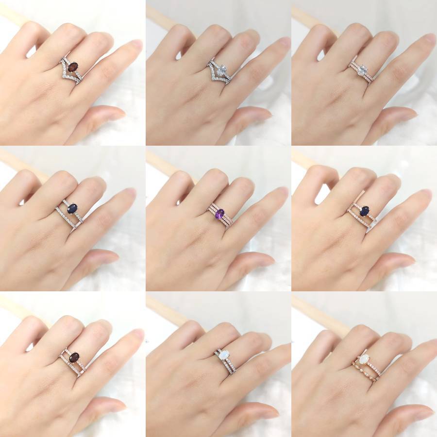 All-Matching V Shaped Wedding Rings Couple Rings S925Sterling Silver Plated18k Gold Inlaid Gemstone Layered Ring Set