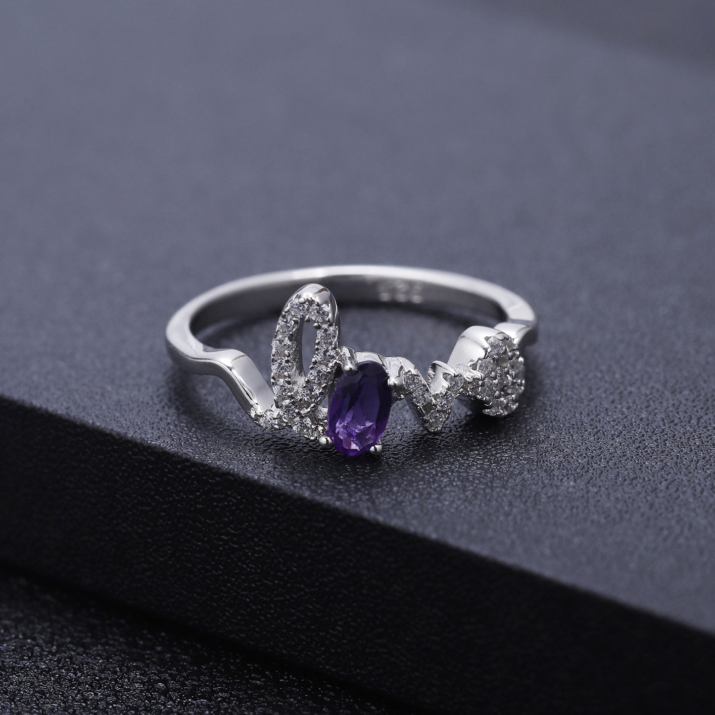 Fashion Design Luxury Amethyst Ring for Women 925Sterling Silver Inlaid with Natural Gemstones LOVE Letter Ring