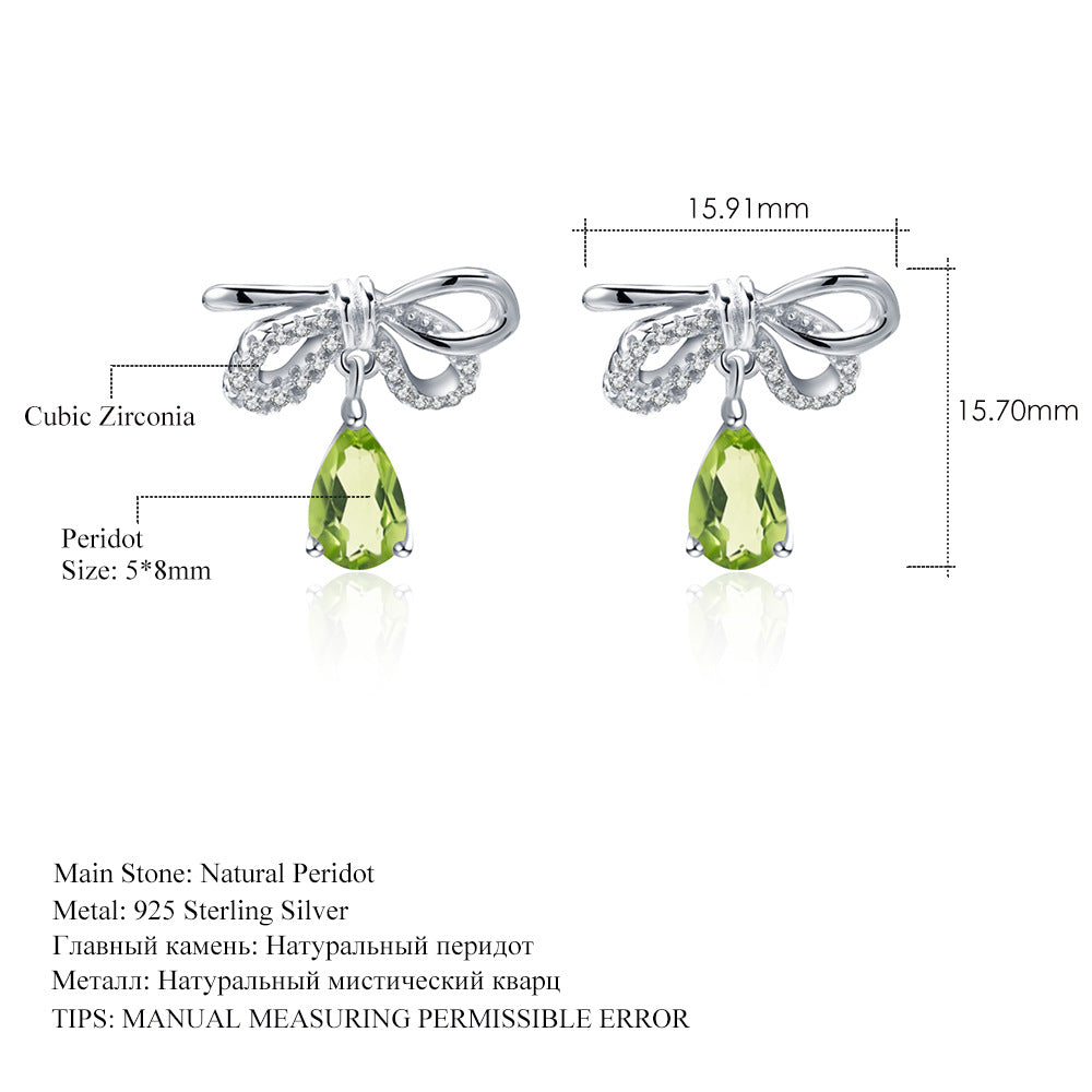 In-stock Sweet and Elegant Earrings Korean style bow tie s925Sterling Silver Inlaid Natural Gemstone Crystal Earrings Jewelry