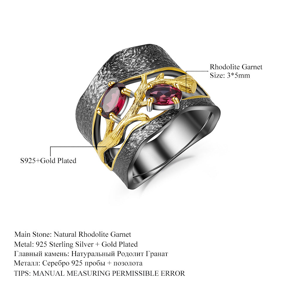 Secret Garden High-End Designer Ring Cracked Tree Branch s925Sterling Silver Inlaid Natural Gemstone Ring