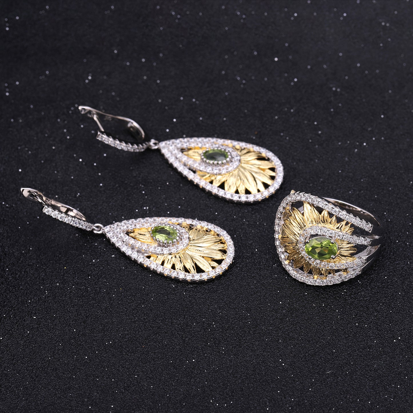 Designer High-End Natural Peridot Jewelry Set Sunflower Element Design925Silver Ring Earrings
