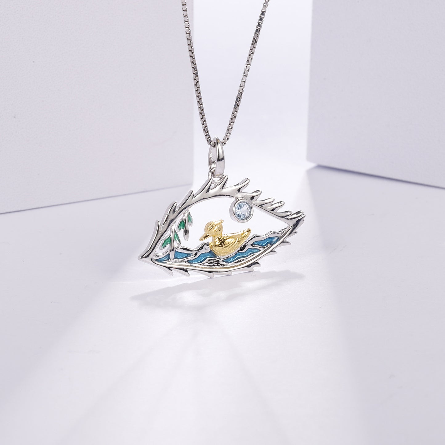 Designer High-End Gemstone Pendant The Lake in the Eyes s925Silver Enamel Natural Topaz Necklace Pendant