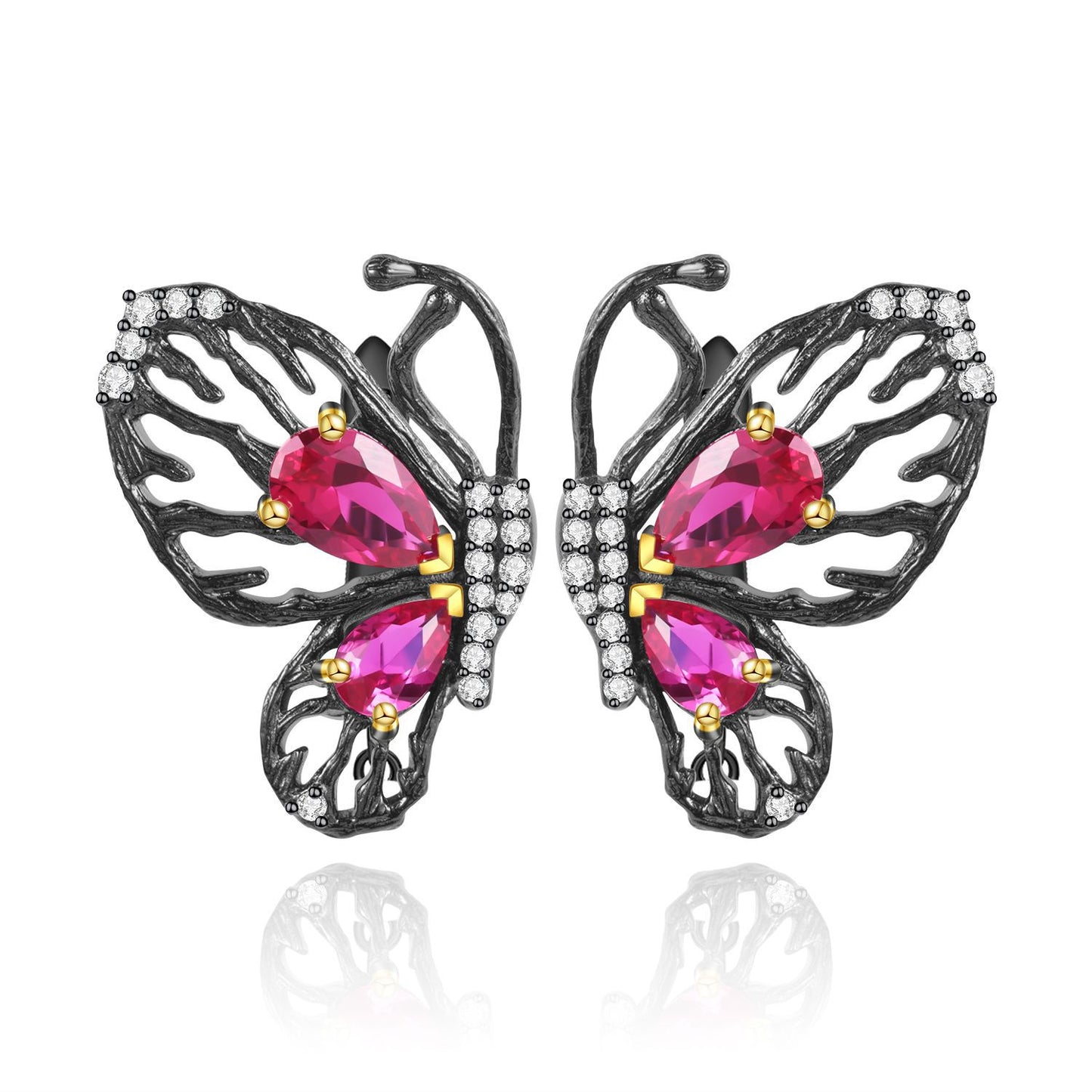 Designer Natural Garnet Earrings Butterfly Unique Design s925Sterling Silver Inlaid Gemstone Stud Earrings