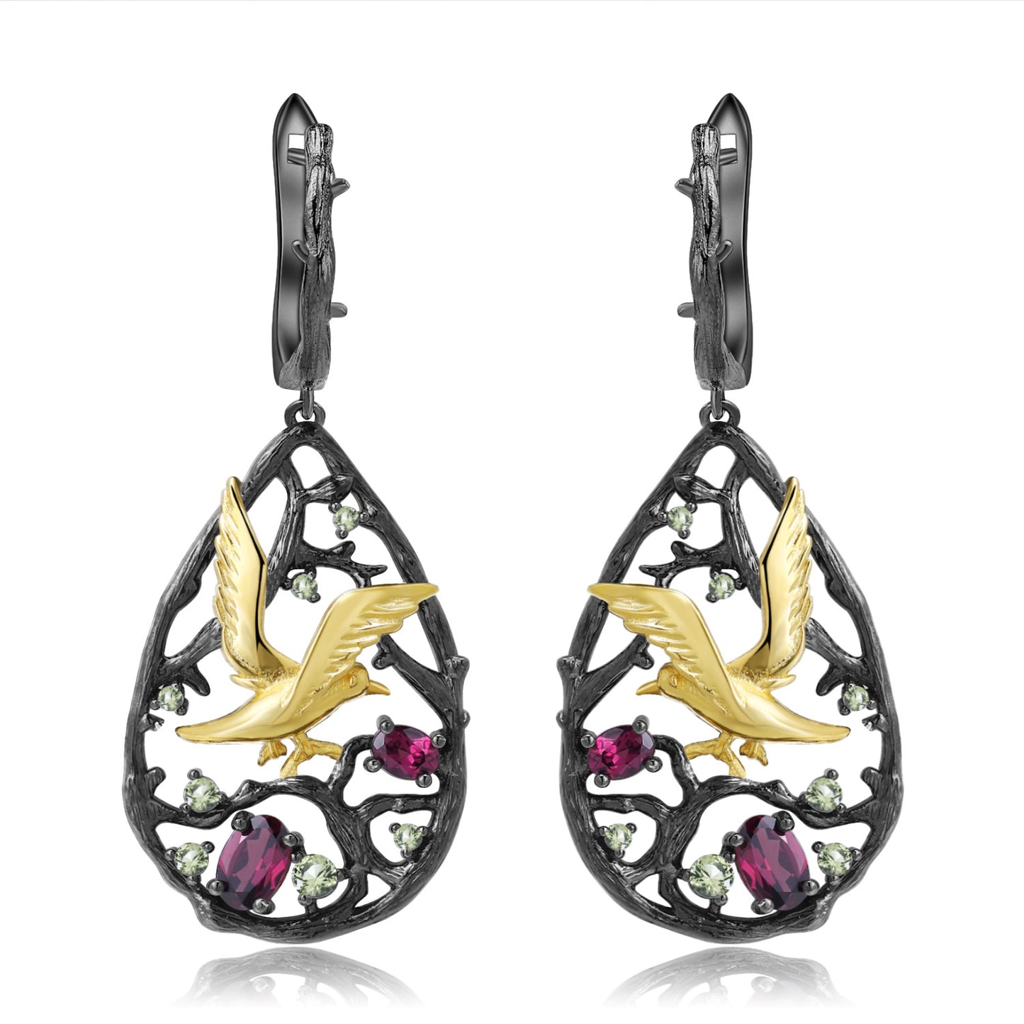Bird's Paradise Original Design Earrings S925Sterling Silver Inlaid Natural Topaz Garnet Earrings Black