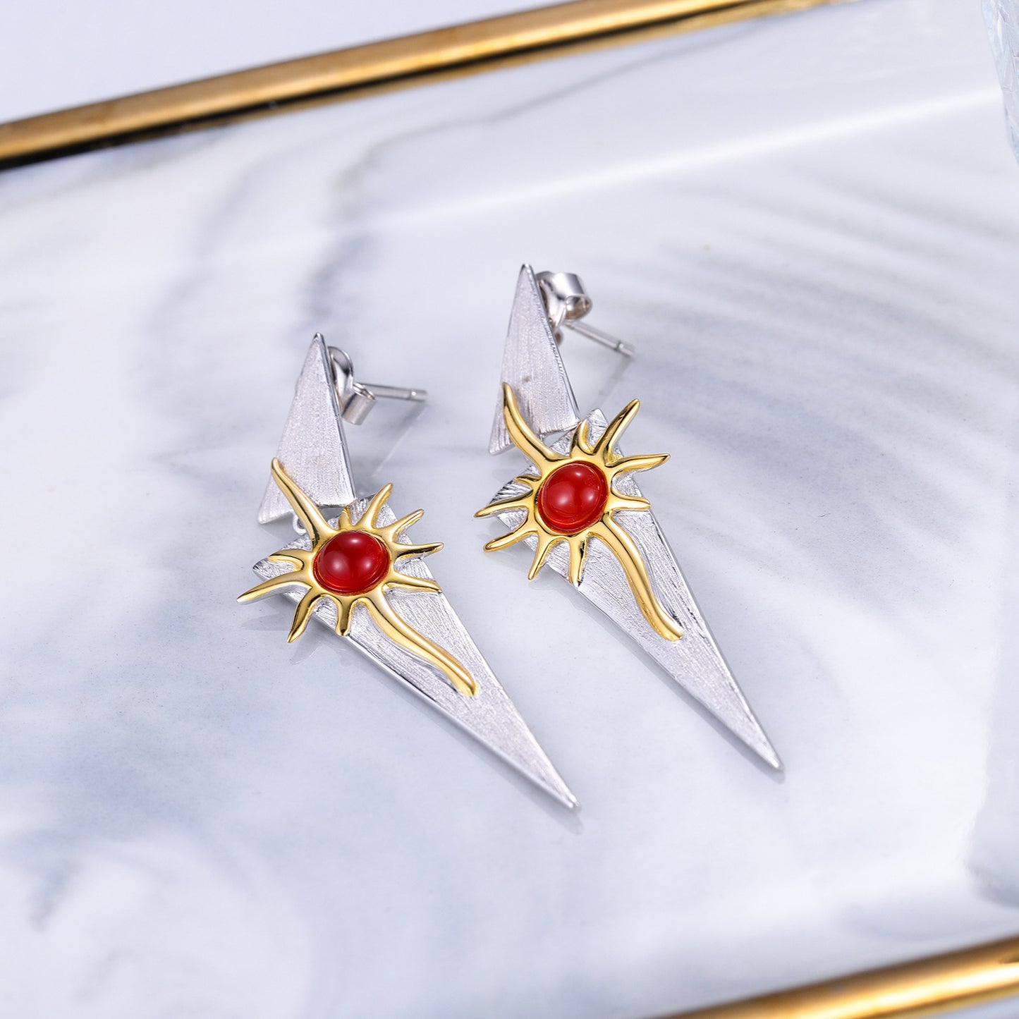 925Silver High-End Niche Design Earrings Sun Goddess Earrings Natural Red Agate Amethyst Topaz Drop Earrings