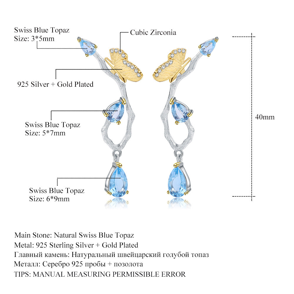 Secret Garden Designer Butterfly Earrings Natural Wind s925Sterling Silver Natural Topaz Earrings