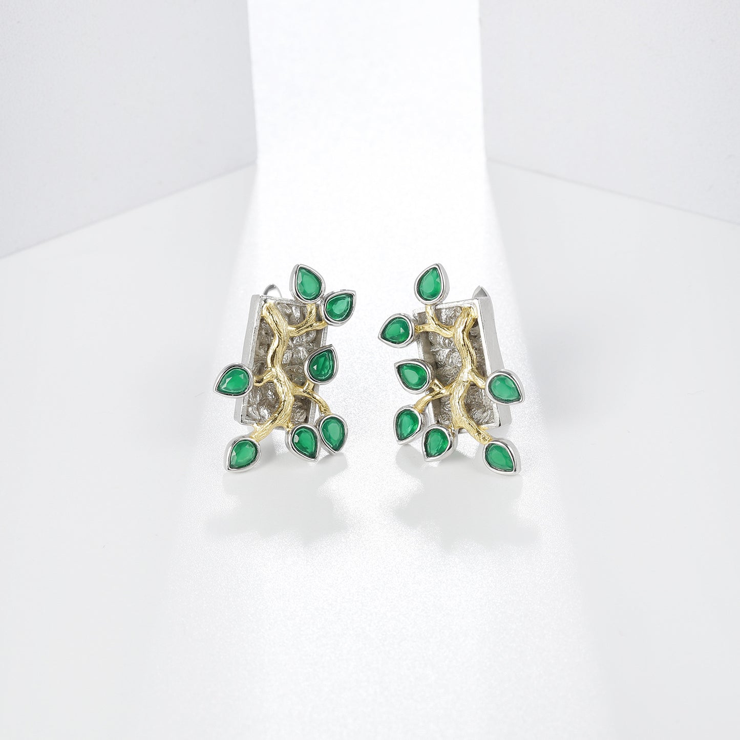 Designer Natural Topaz Earrings with Flower Branch and Jade Leaf Design s925Silver Inlaid Gemstone Stud Earrings