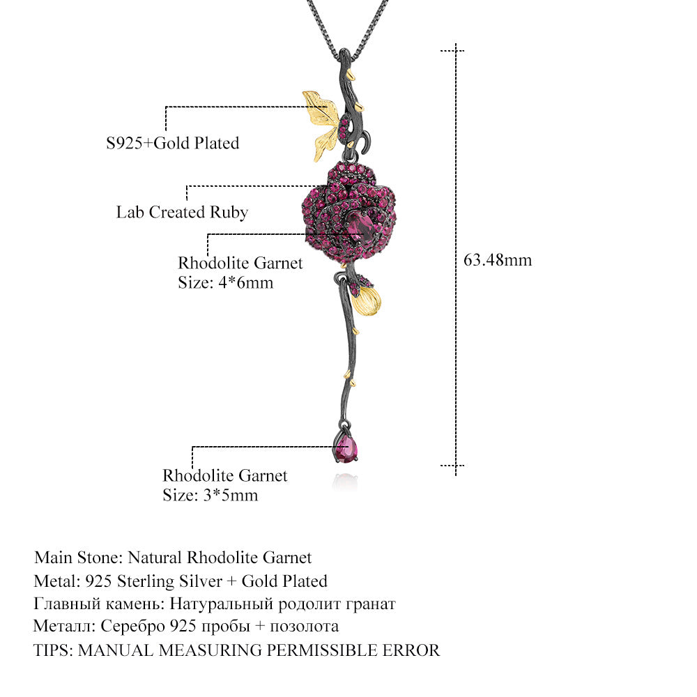 Secret Garden Designer Pendant Natural Rose Design s925Sterling Silver Natural Gemstone Necklace Clavicle Chain
