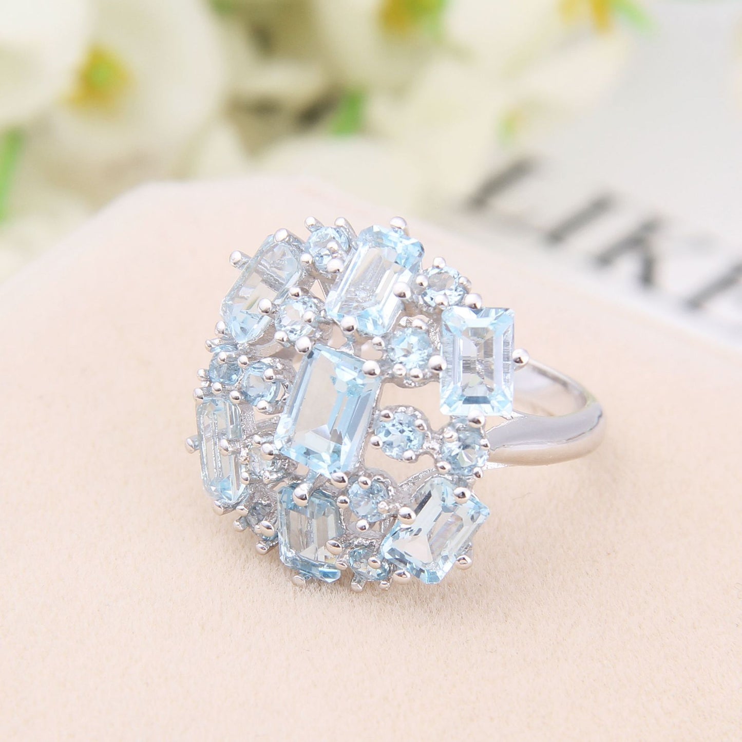 Luxurious Cluster Set Natural Topaz Ring Fashion Temperament s925Silver Inlaid Gemstone Natural Color Gemstone Ring
