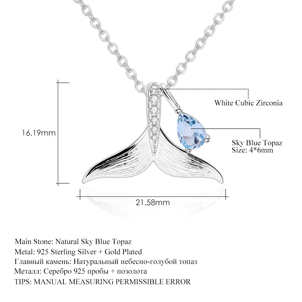 Designer High-Grade Gem Pendant Whale Tail Design s925Sterling Silver Natural Topaz Necklace Pendant