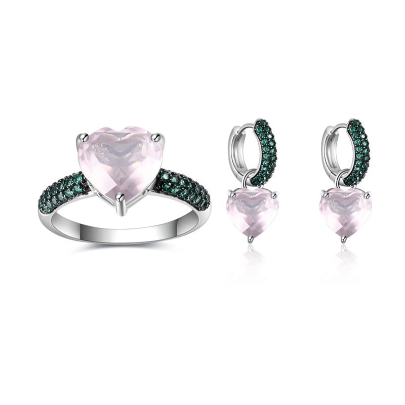 Heart-shaped Gemstone Set Natural Pink Crystal s925Sterling Silver Ring Earrings Heart Topaz Jewelry Set