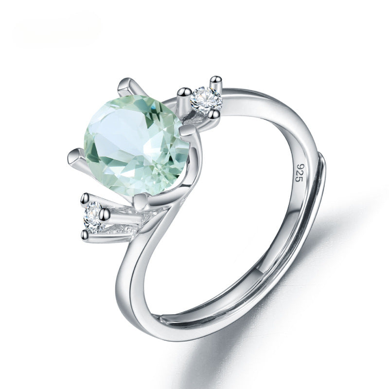 s925Silver Natural Green Amethyst Ring Adjustable Opening Fashionable Elegant Light Luxury Inlaid Natural Gemstone Ring