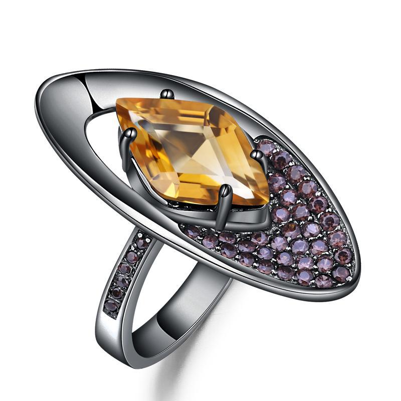 Italian Craft Designer Ring Vintage Jewelry925Silver Inlaid Natural Gemstone Yellow Crystal Ring