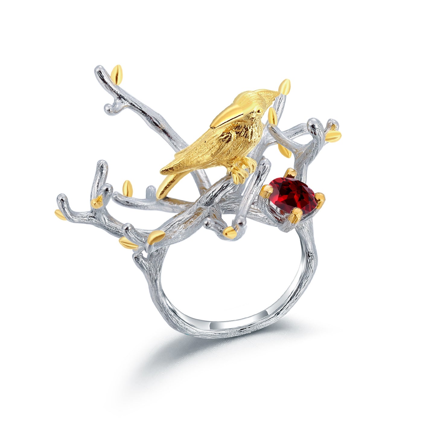 Designer Natural Peridot Ring Natural Style Tree Branch Bird Design s925Silver Inlaid Gemstone Ring