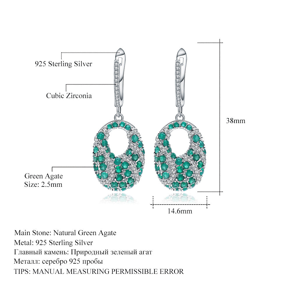 Unique Natural Green Agate Earrings Retro Design s925Silver Inlaid Natural Sapphire Earrings