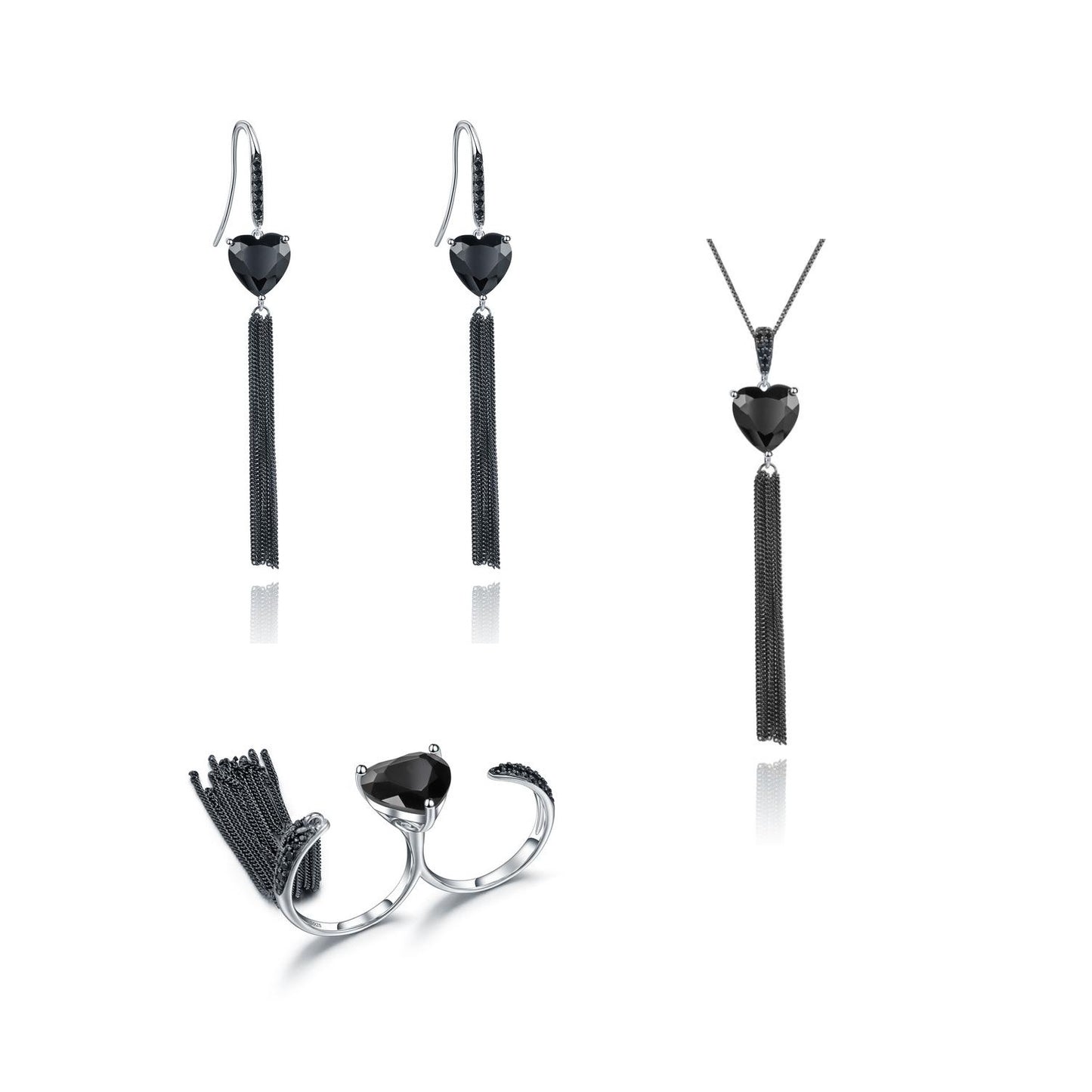Designer Natural Heart Gemstone Ring with Tassel Design Unique and High-end Design925Silver and Black Onyx Ring